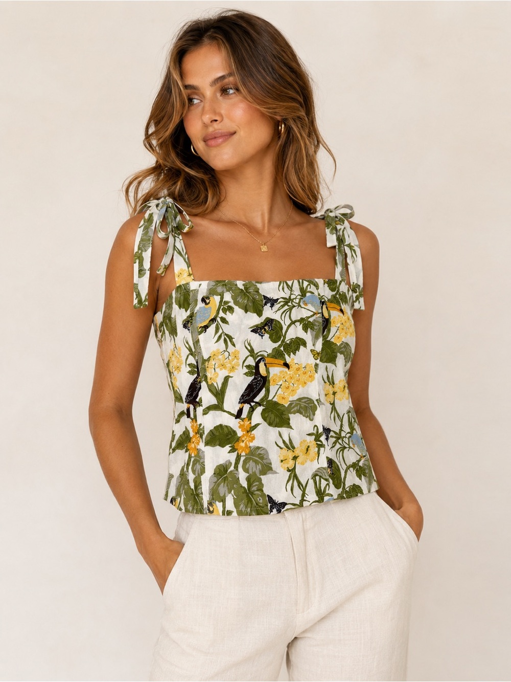 Reformation Tropical Toucan Floral Tie Strap Smocked Back Corset Crop Top